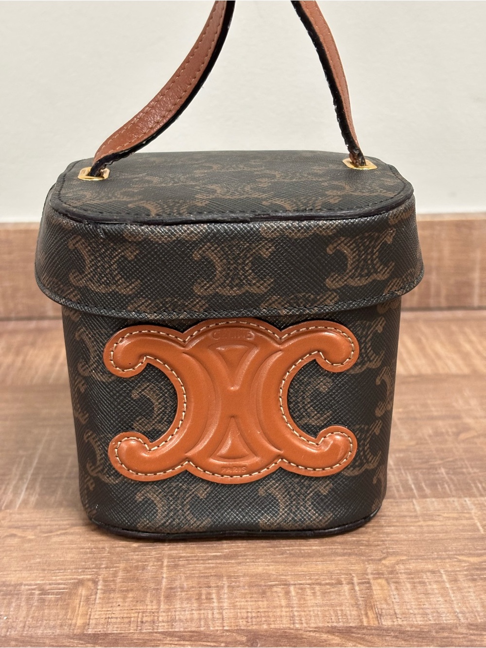 Celine Brown Triomphe Canvas Mini Vanity Bag with Tan Leather Logo